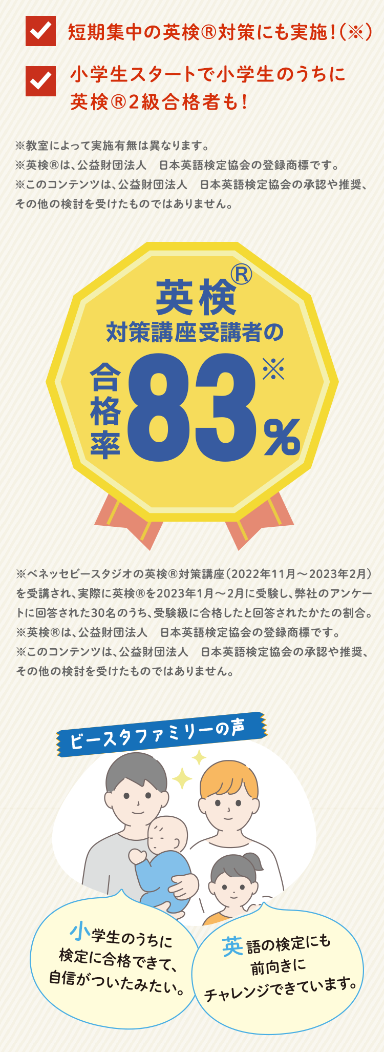 短期集中の英検®対策にも実施！(※)
小学生スタートで小学生のうちに英検®2級合格者も！
